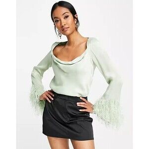 ASOS Design Long Sleeve Top With Feather Cuff Detail US 0 Sage Green Satin B21